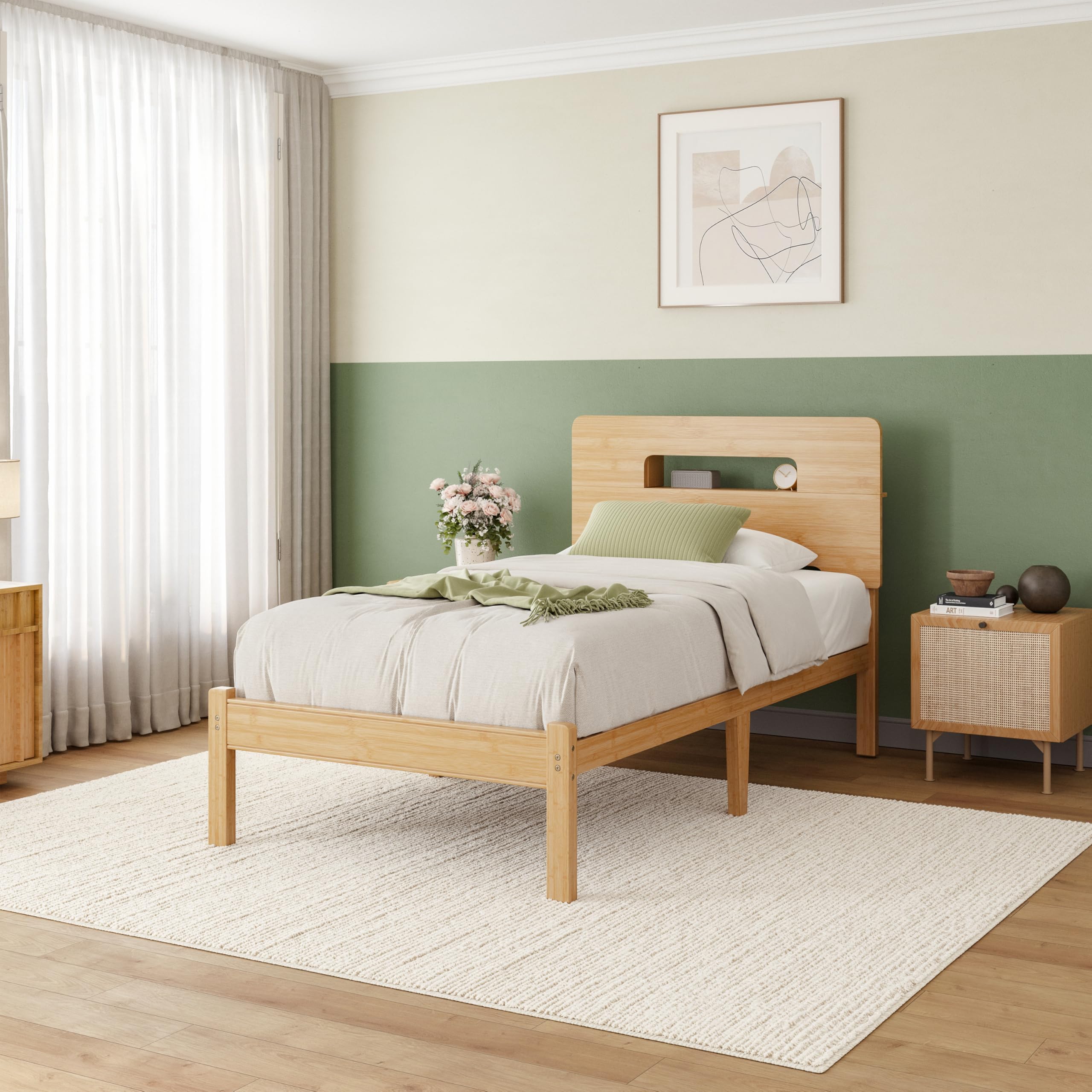 Solid Bamboo Wood Bed Frame Twin with Storage Headboard