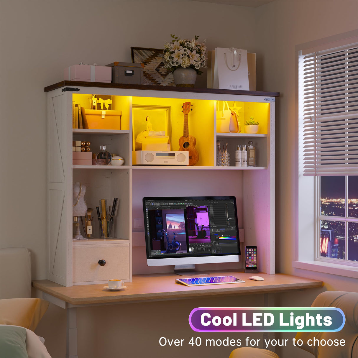 37.4" W Desk Shelf for Top of Desk with LED Lights, Adjustable Desk Shelf with 8 Shelves