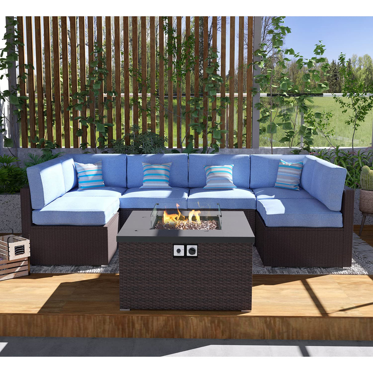 Outdoor 7 Pieces Sectional Sofa w Fire Table, Dark Brown Rattan Patio Furniture w 32-inch