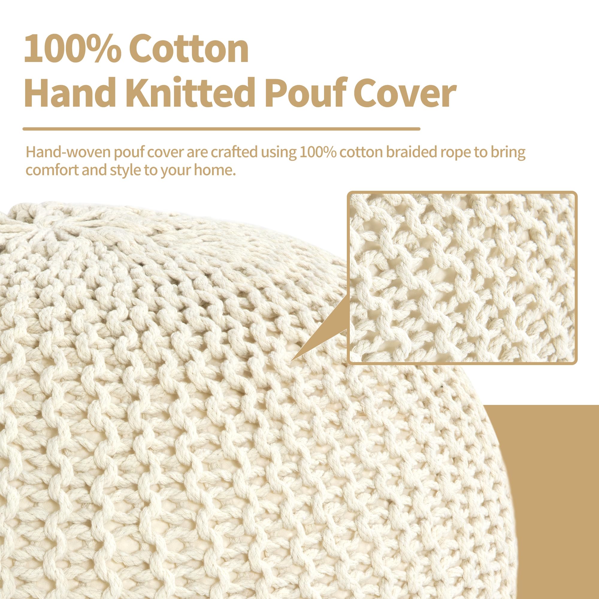 Unstuffed Ottoman Pouf Cover, 100% Cotton Handmade Knitted Ottoman Pouf