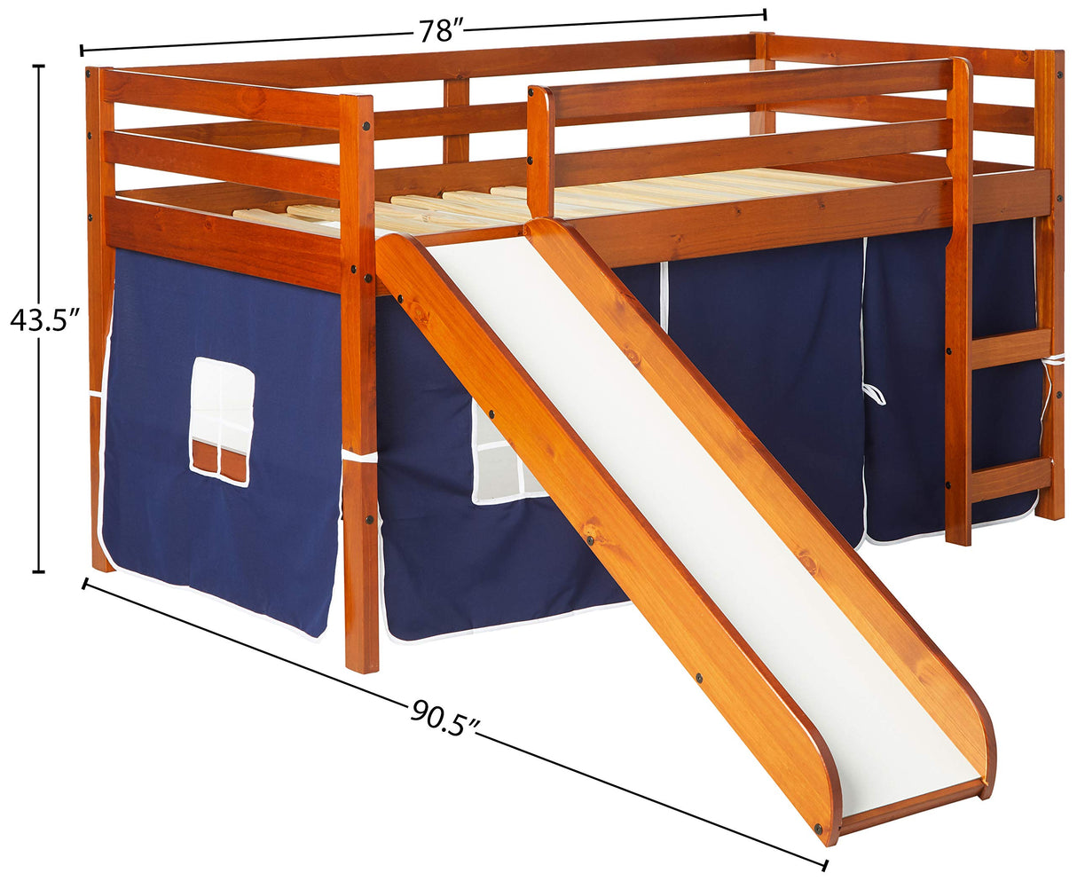 Low Loft Bed with Slide with Tent, Twin, Light Espresso/Blue
