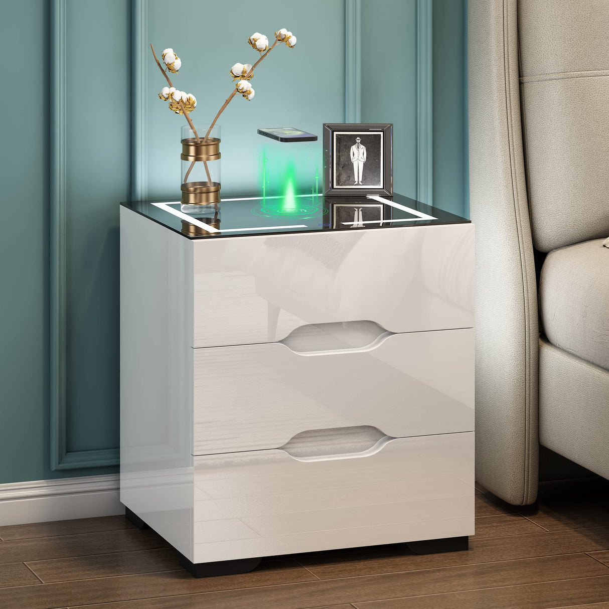 White Smart Nightstand with Wireless Charging Station & Adjustable LED Lights, High