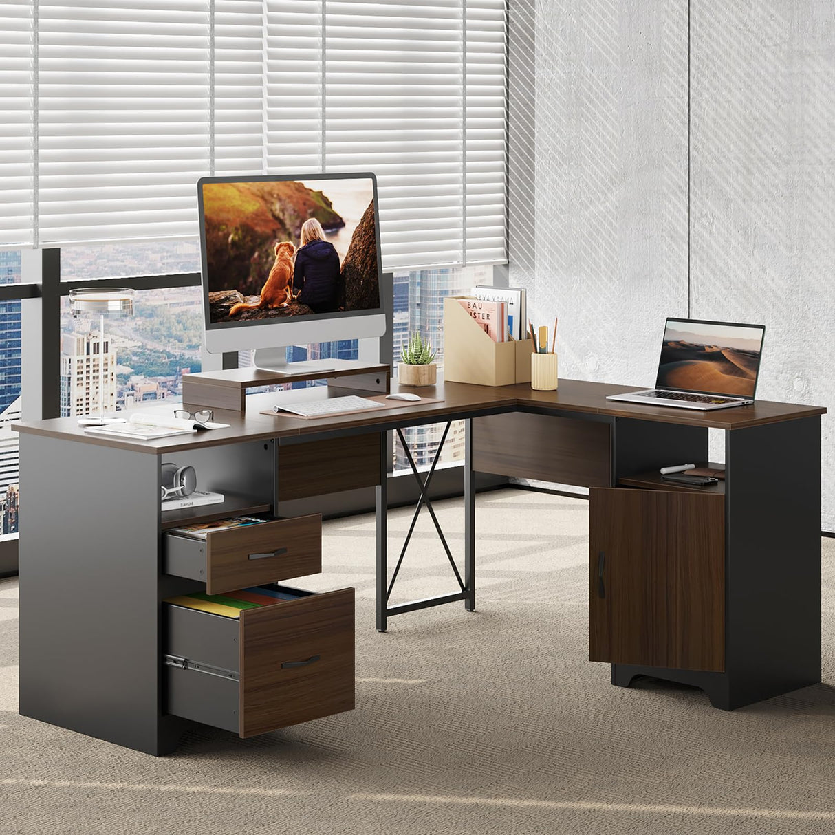 L Shaped Desk with File Drawers, 63" x 47" Office Computer Desk with Storage Cabinet