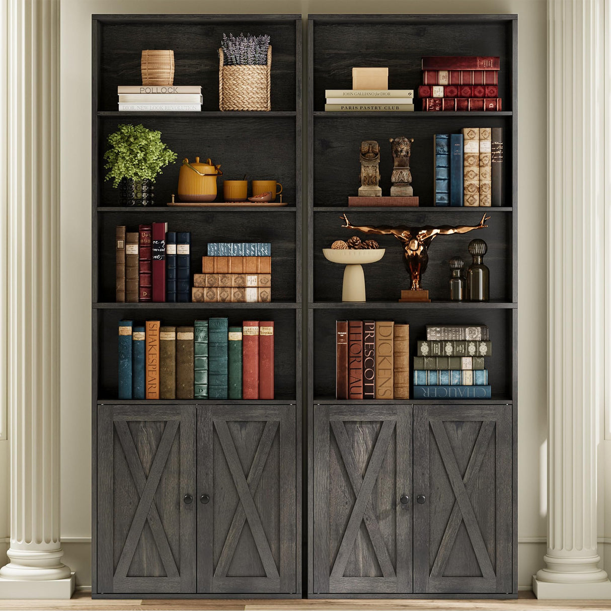 Industrial Bookshelves and Bookcases with Doors Set of 2 Floor Standing 6 Shelf Display