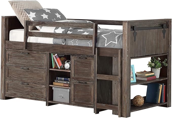 Kids Rodeo Country Twin Barn Door Low Bed in Brushed Shadow Finish-Combo A Loft
