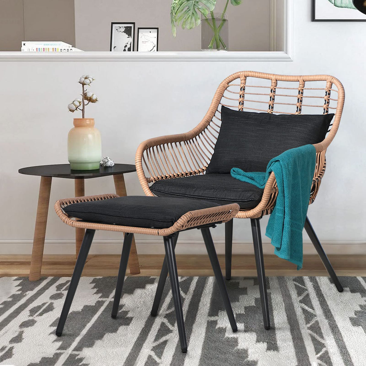 Outdoor Wicker Ottoman Set of 2, Patio Rattan Ottomans with Seat Cushions