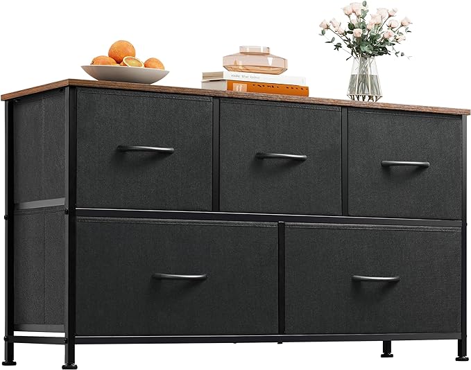 Dresser for Bedroom with 5 Drawers, Long Fabric Dresser