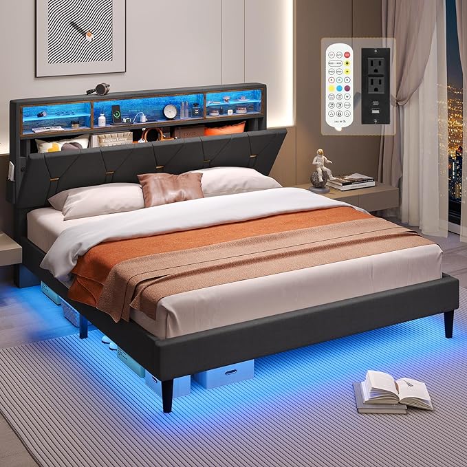 LED Full Bed Frame with Charging Station, Full Size Bed Frame