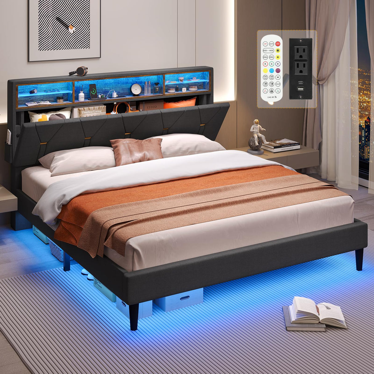 LED Full Bed Frame with Charging Station, Full Size Bed Frame