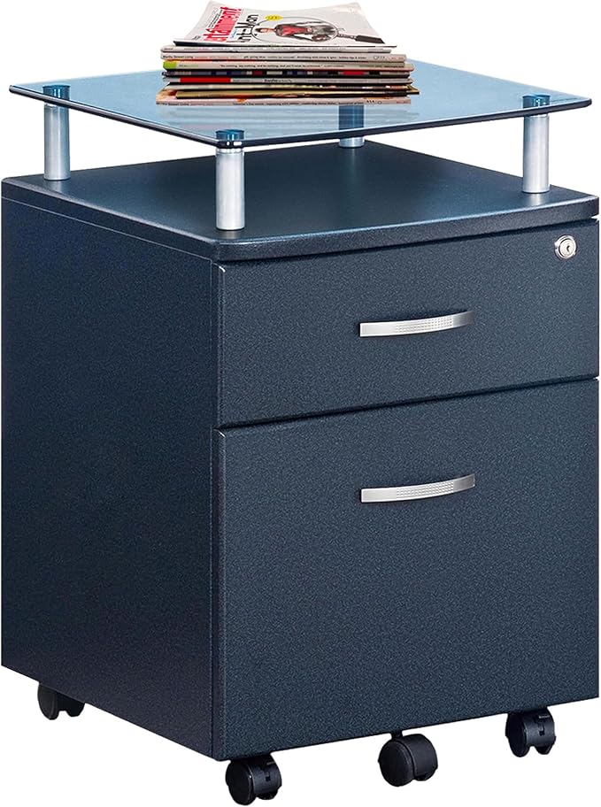2-Drawer Rolling File Cabinet with Lock and Glass Top, Under Desk File Cabinet