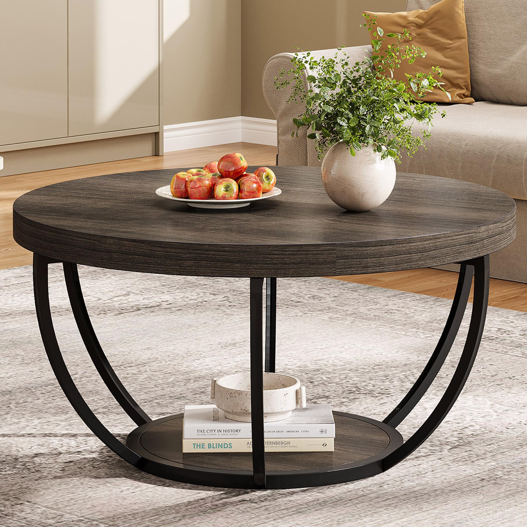 Round Coffee Table, 31.7" Wooden 2-Tier Circle Coffee Table with Storage Shelves
