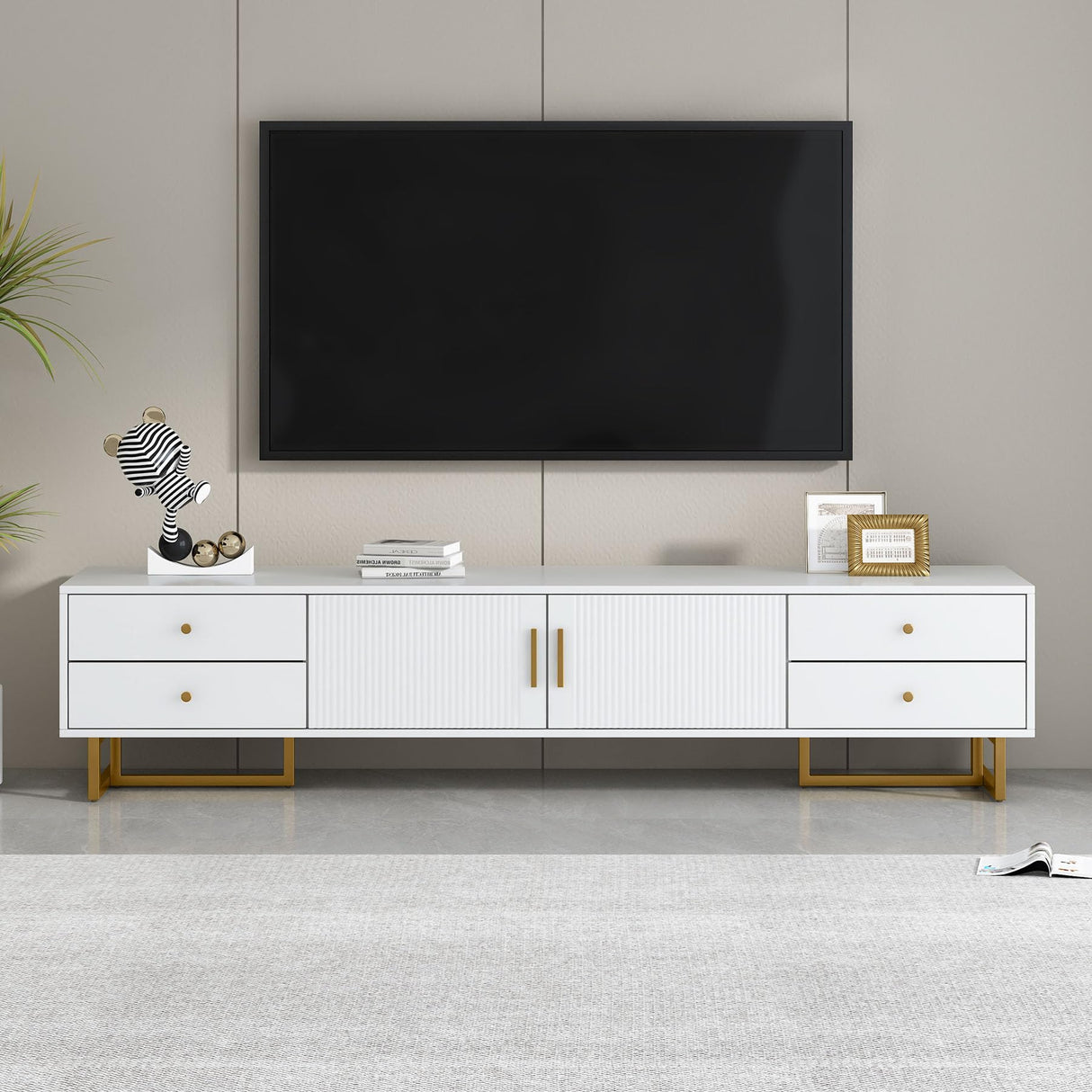 70" Modern TV Stand with 4 Storage Drawers and Groove Pattern Doors