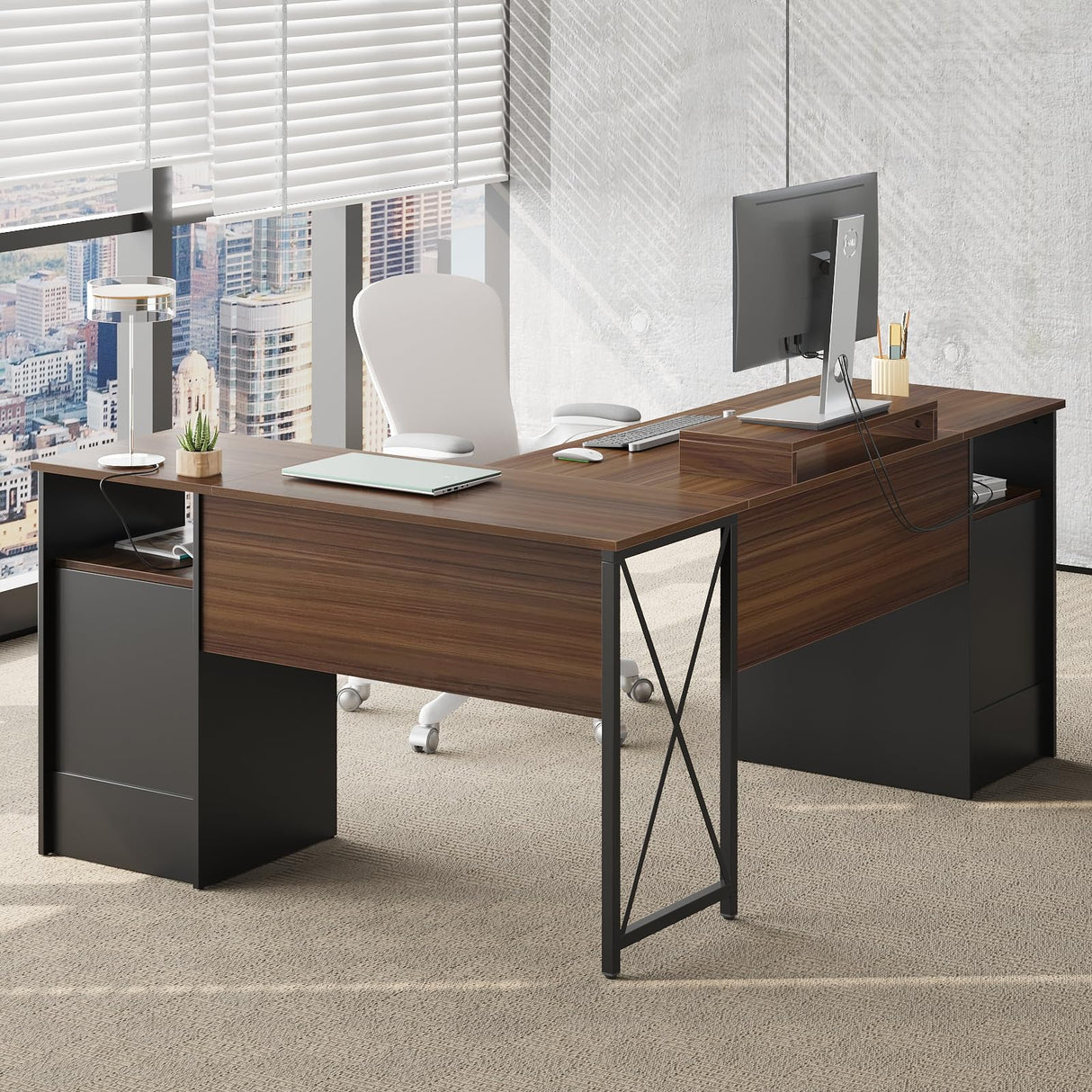 L Shaped Desk with File Drawers, 63" x 47" Office Computer Desk with Storage Cabinet