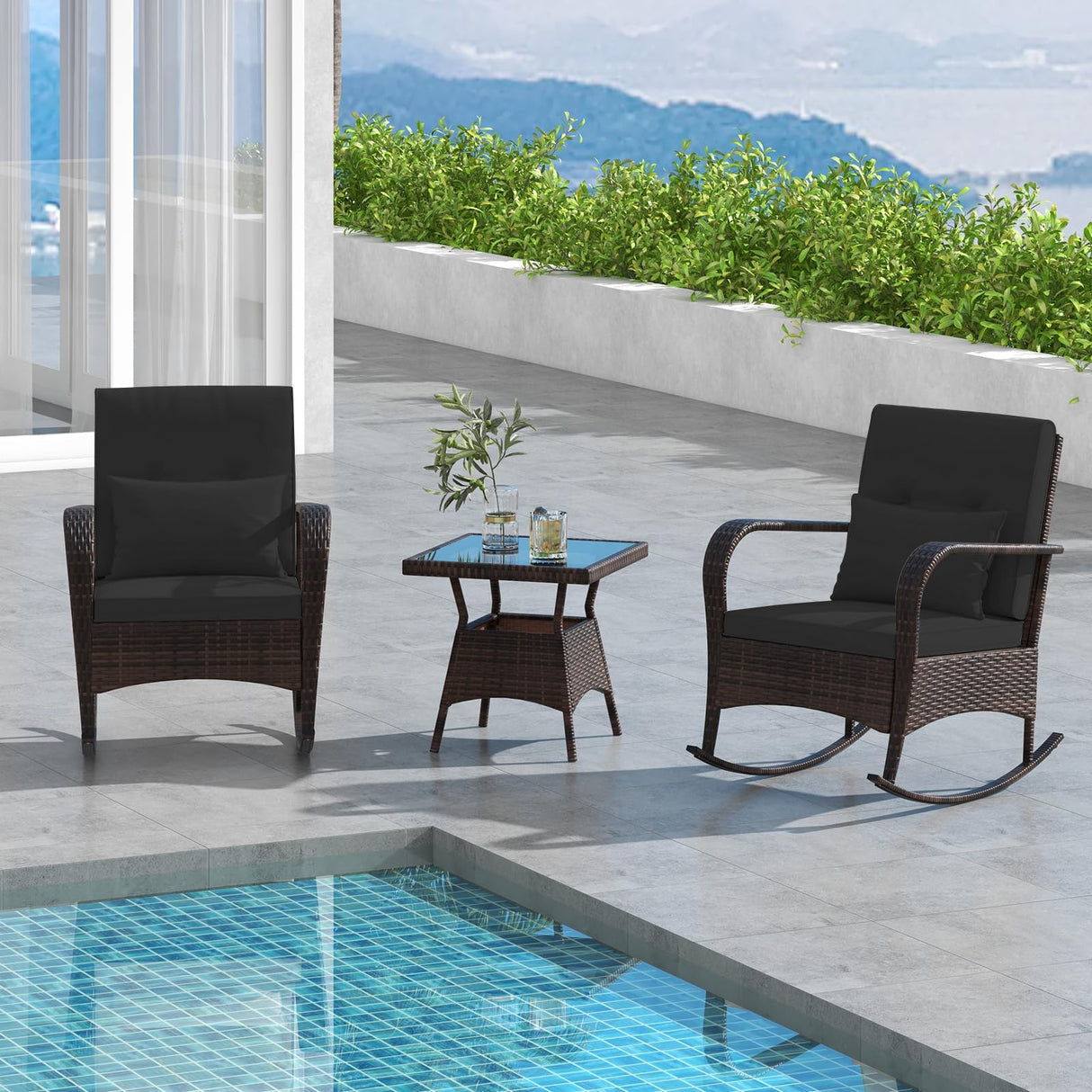 3 Pieces Rocking Bistro Set, Patiojoy Outdoor PE Rattan Rocker Chairs with Removable