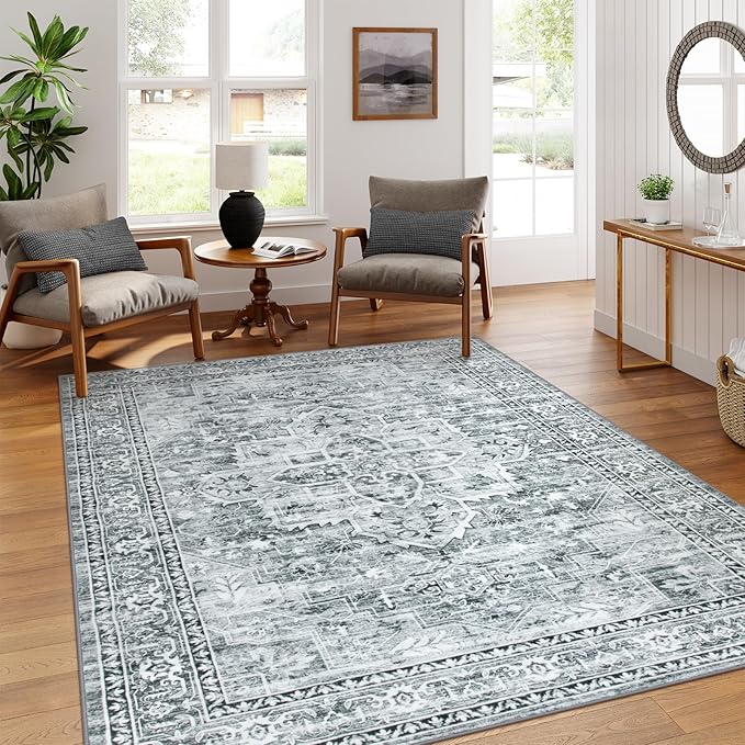 Oriental Washable Rugs 8x10, Blue 8x10 Area Rugs for Living Room Soft Ultra-Thin