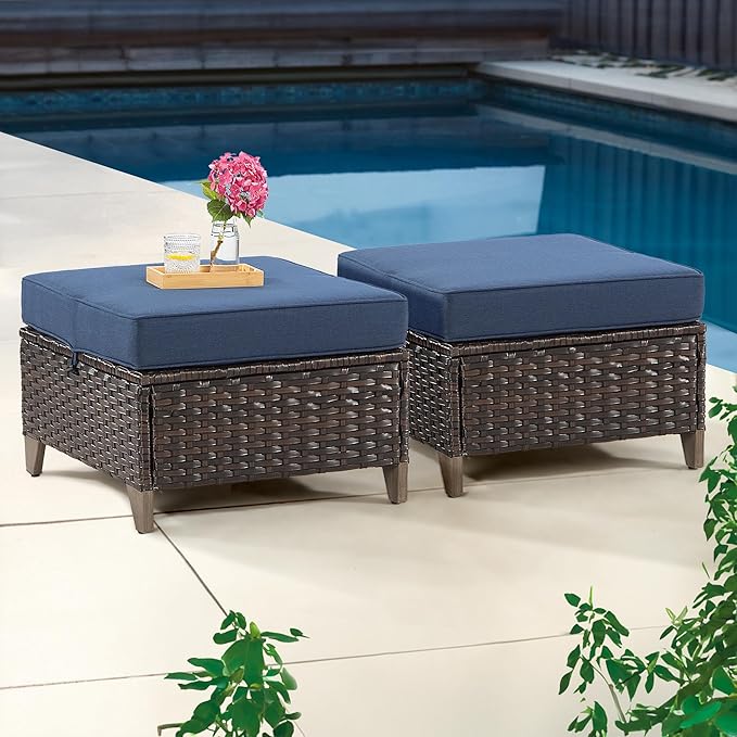 Patio Ottoman Set of 2, All Weather Outdoor Rattan Ottomans Patio Footstools