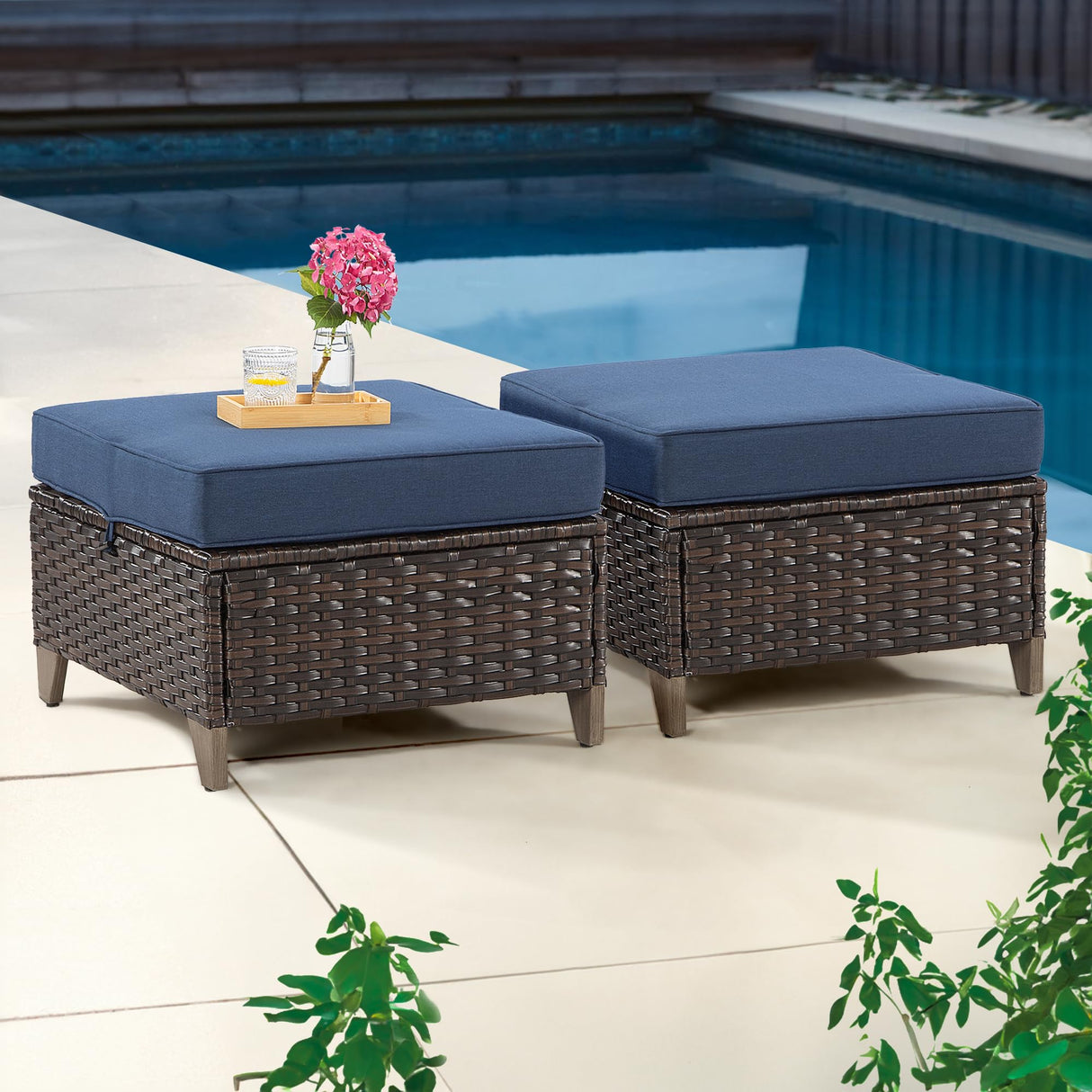 Patio Ottoman Set of 2, All Weather Outdoor Rattan Ottomans Patio Footstools