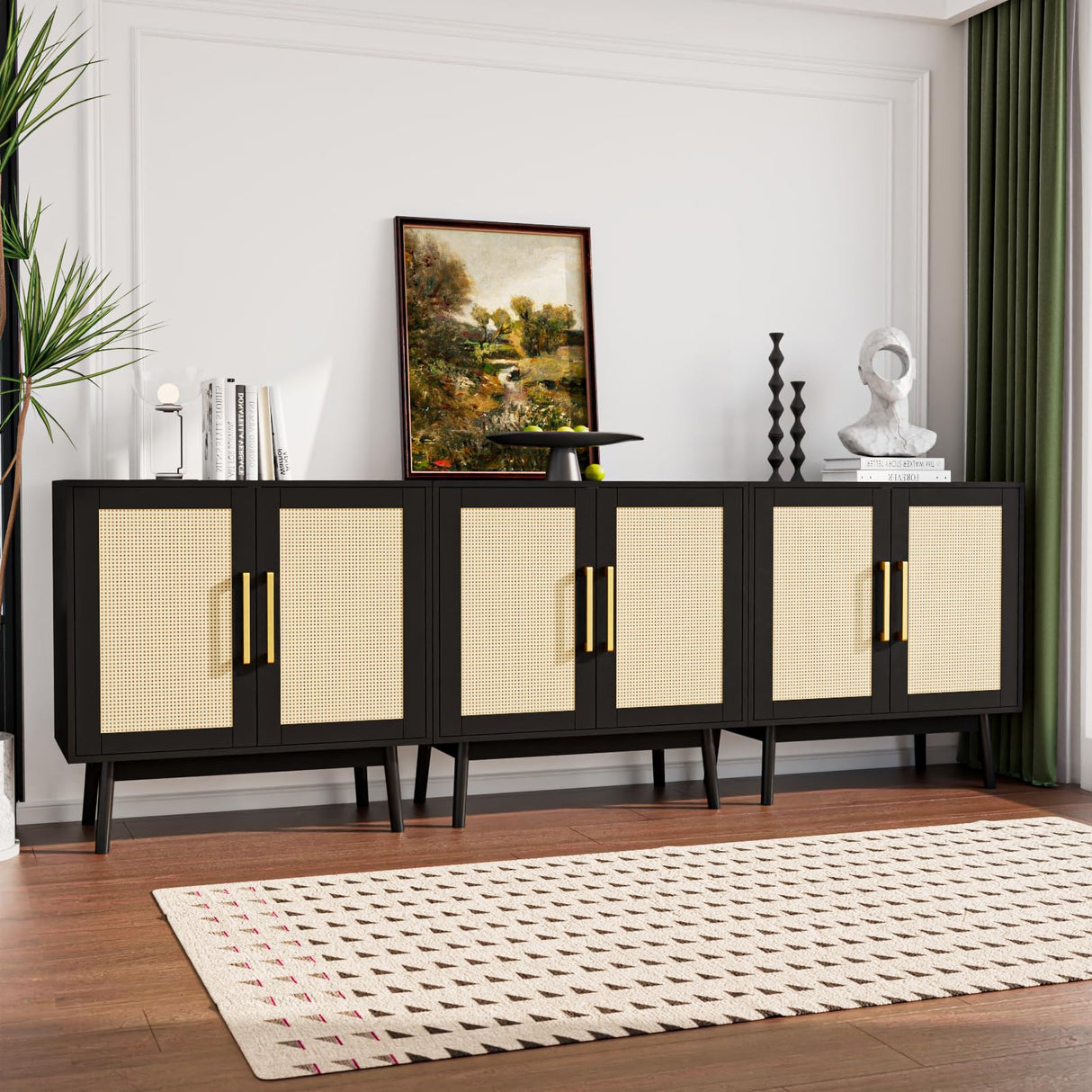 Buffet Cabinet, Rattan Cabinet, Set of 3, Storage Cabinet with 2 Doors