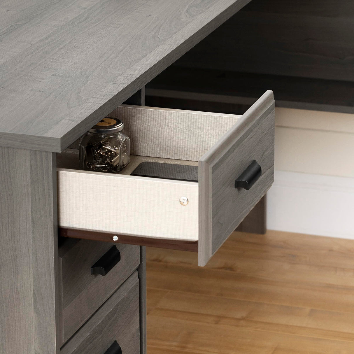 Versa L-Shaped Desk, Gray Maple