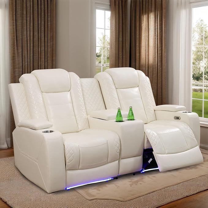 Leather Power Recliner Sofa 2 Piece Couch Set With LED, Living Room Furniture