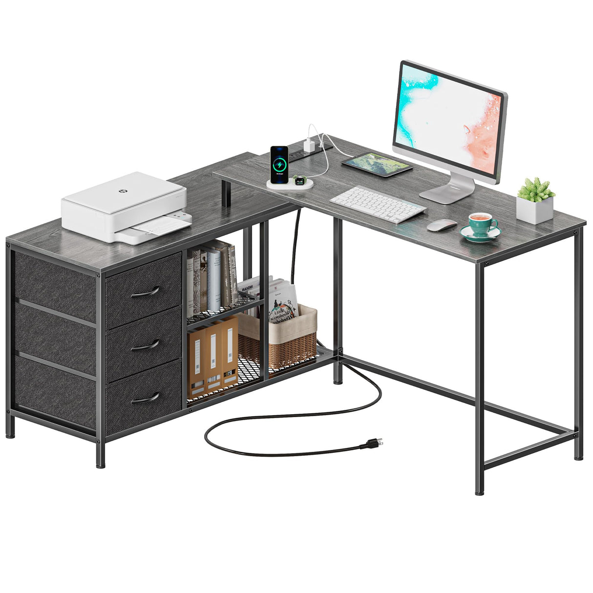 L Shaped Desk with Power Outlets, Computer Desk with Drawers & Shelves