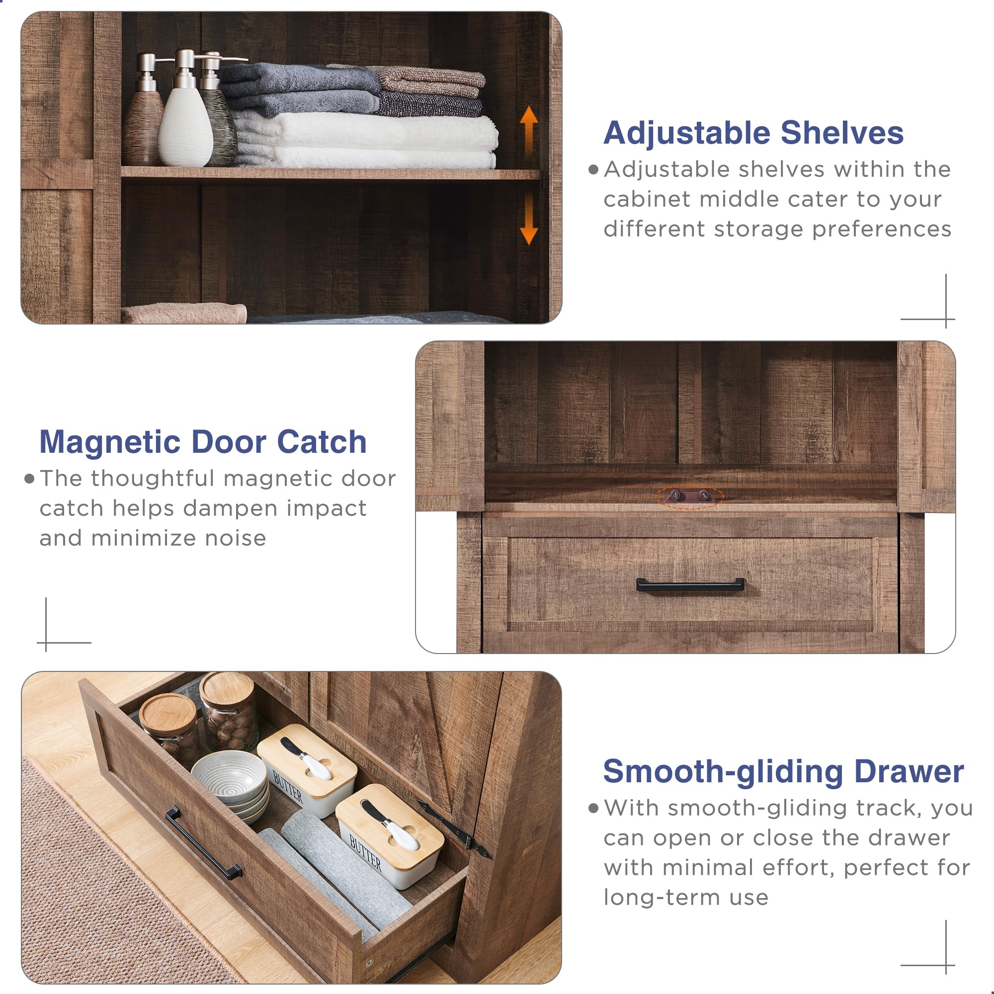 JXQTLINGMU Farmhouse Kitchen Pantry Cabinet - 72" Tall Wood Kitchen Storage Cabinets with Adjustable Shelves & 2 Barn Doors & Drawer, Versatile Storage for Dining Room, Bathroom, Rustic Brown