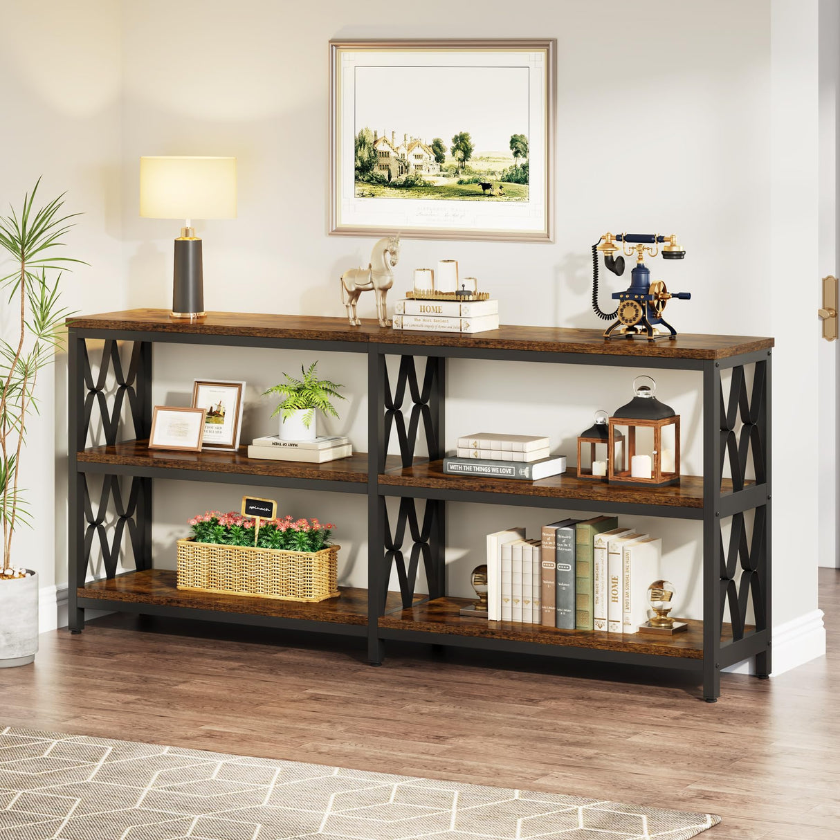 70.9" Long Console Table with Storage Shelves, Industrial 3-Tier Sofa Table for Living Room