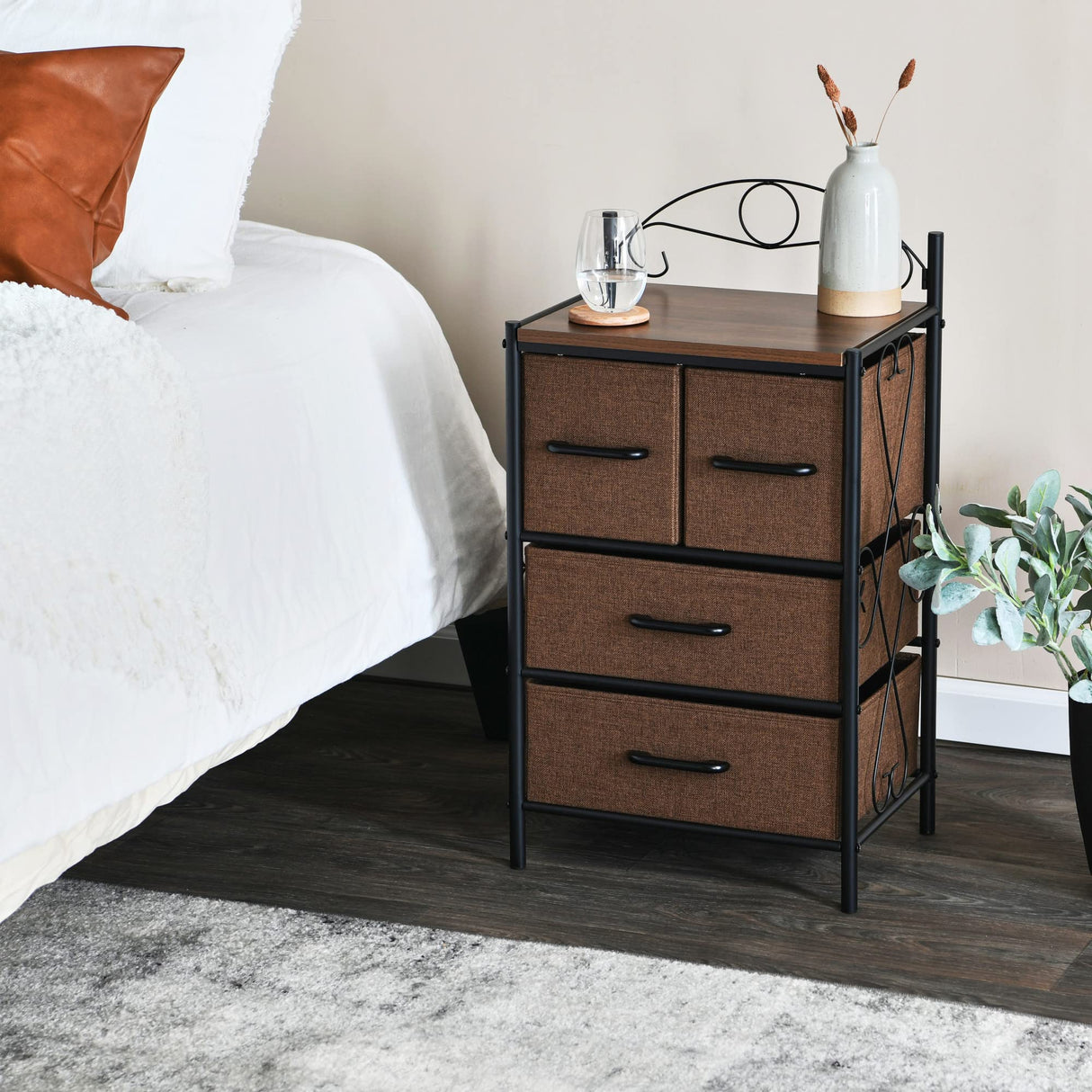 Victoria Dresser Nightstand Storage Organizer with 4 Brown Drawers Black Metal Frame and Mid Century