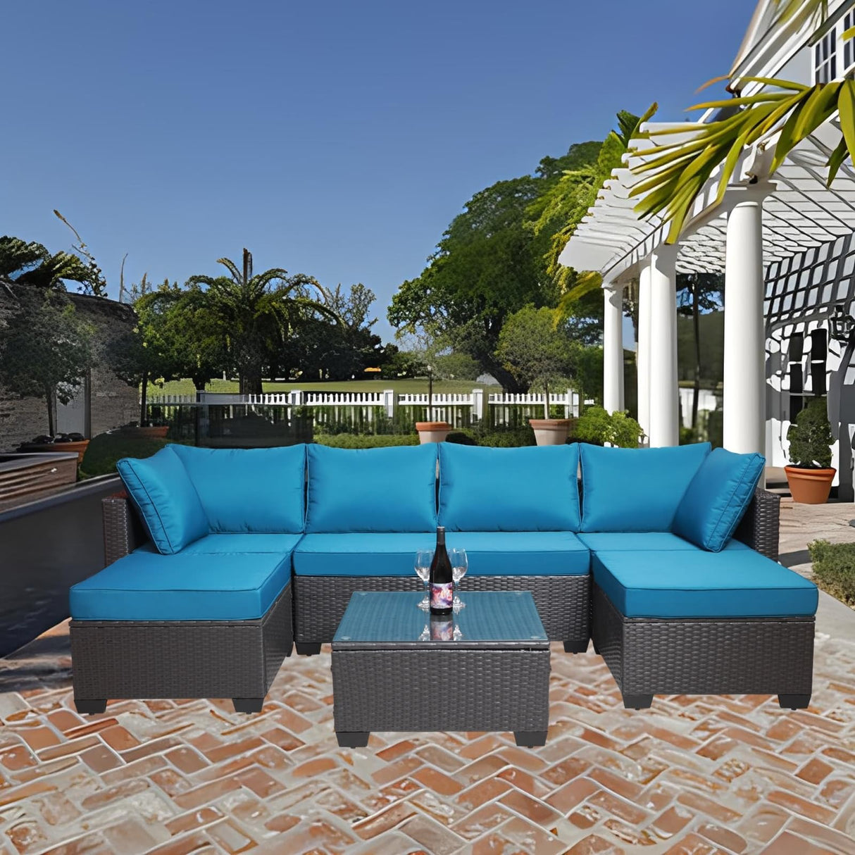 Outdoor Conversation Set Modern Outdoor Furniture 7PC Rattan Black Blue 4 Chair