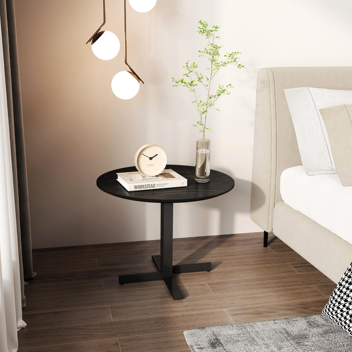 Black Round End Table, Wood Side Table for Living Room, Wooden Top and Metal Legs