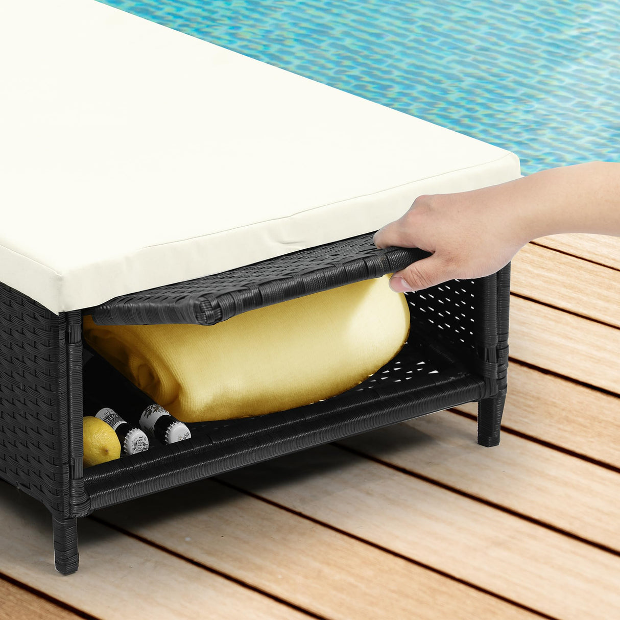 Outdoor Wicker Chaise Lounge Chair Set of 2 w/Storage, Rattan Patio Pool Lounger