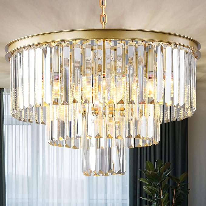 Gold Modern Crystal Chandelier, 2-Tier Round Flush Mount Ceiling