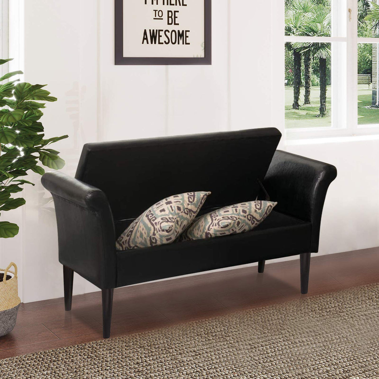 Black Faux Leather Storage Ottoman Bench