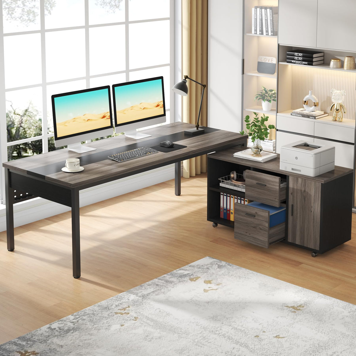 70.8" Executive Desk with Lateral File Cabinet, Modern Thickened Wooden Workstation L-Shaped Computer Desk Large Home Office Writing Desk for Home Office