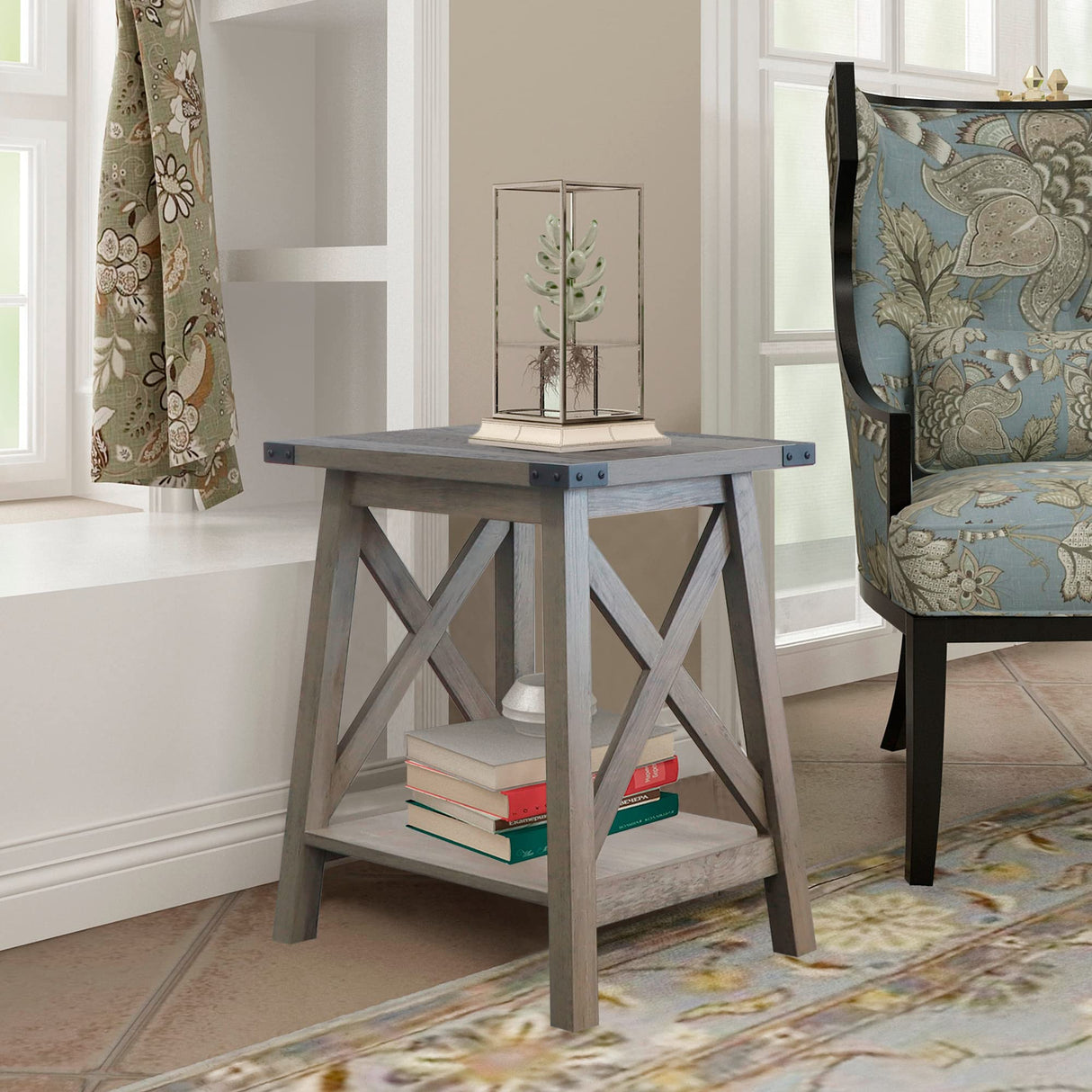 Side Table End Table for Living Room, Farmhouse Accent Wood Nightstand for Bedroom