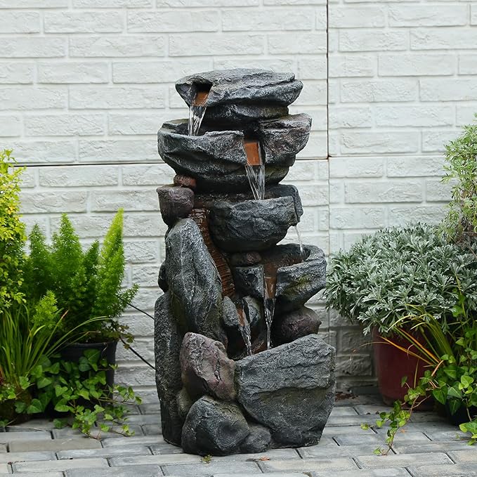 5-Tiered Rock Water Fountain Outdoor Garden - 31.5”Waterfall Fountain Outdoor Water