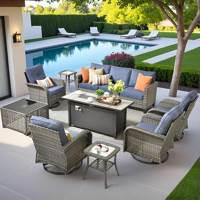 8 Pieces Patio Furniture Set Outdoor Wicker Conversation Sets with Swivel Rocking Chair