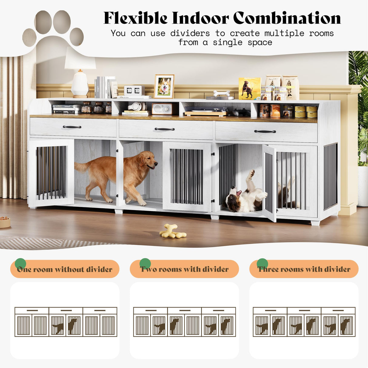 95" Dog Crate Furniture with Storage - 3-Room Wooden Kennel TV Stand