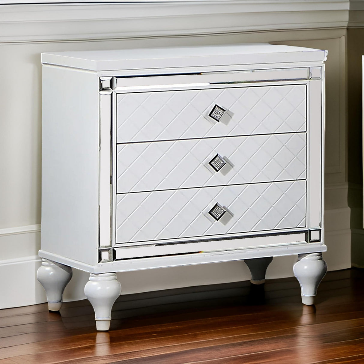 Benjara Calan 28 Inch Nightstand, 3 Drawers, Pebble Texture, Mirror Trim, White and Chrome