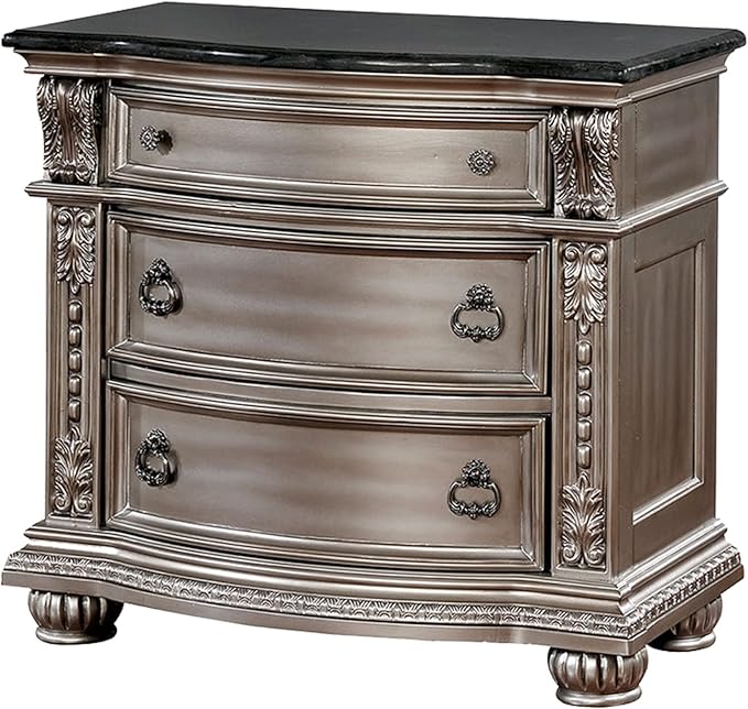 Wooden Nightstand with Marble Top, Silver