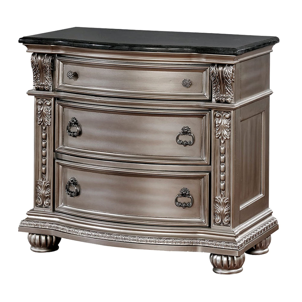 Wooden Nightstand with Marble Top, Silver