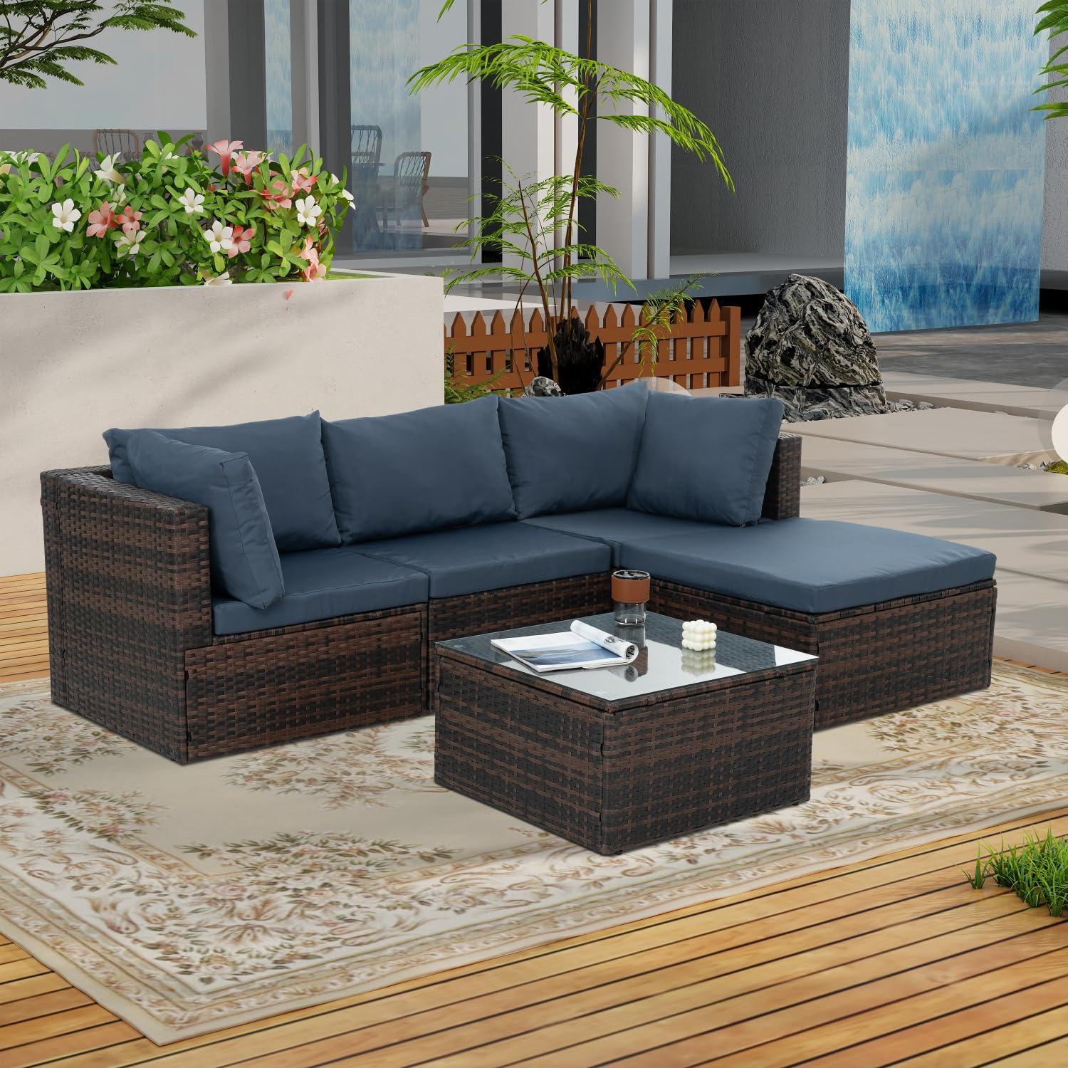 Patio Furniture, Outdoor Furniture, 5-Piece Wicker Furniture Set with Tempered Glass Coffee