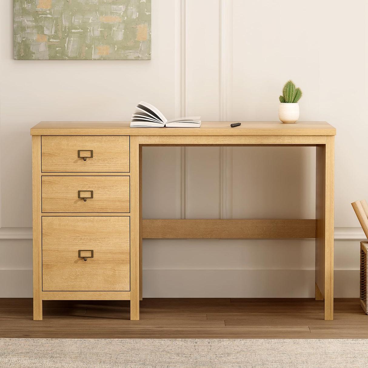 Modern Executive Desk with Drawers, Wood Home Office Desk with File Drawer