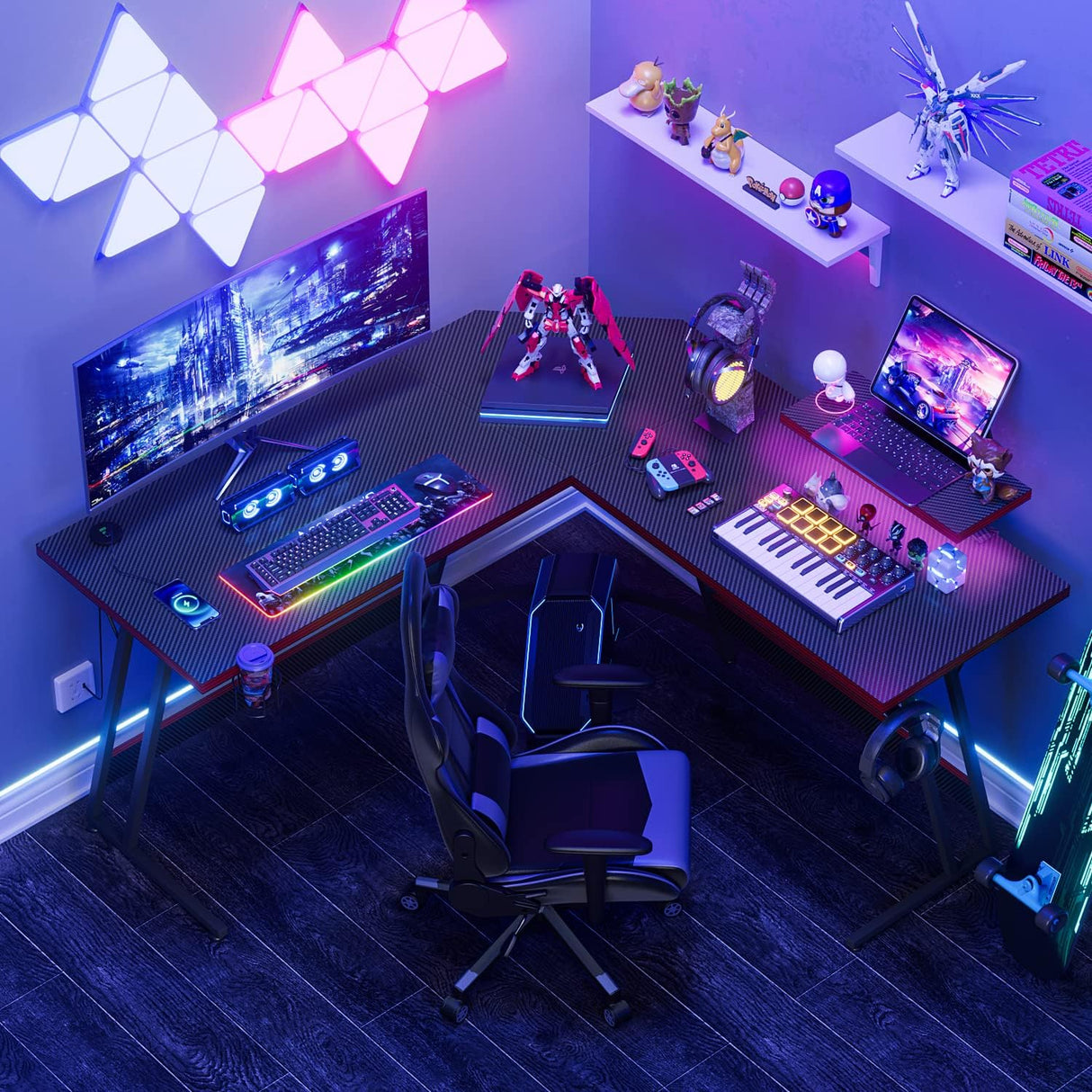 L Shaped Gaming Desk with LED Lights & Power Outlet, 51 Inch Fiber Surface Computer Table with Cup Holder & Headphone Hook, Black