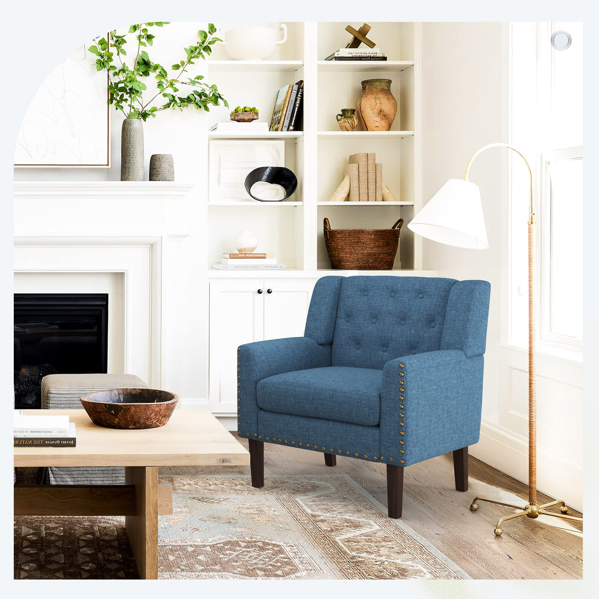 Upholstered Linen Accent Chair, Mid Century Living Room Chair 18.5", Comfy Button Tufted Arm Chair