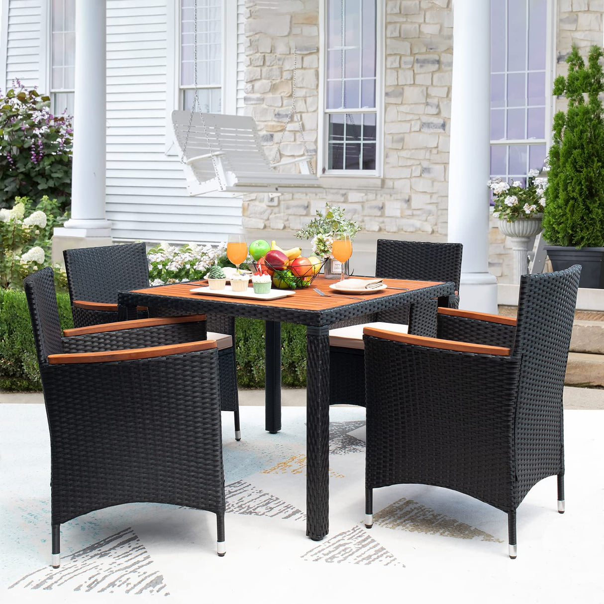 5 PCS Furniture, Patio Conversation Set with Acacia Wood Top