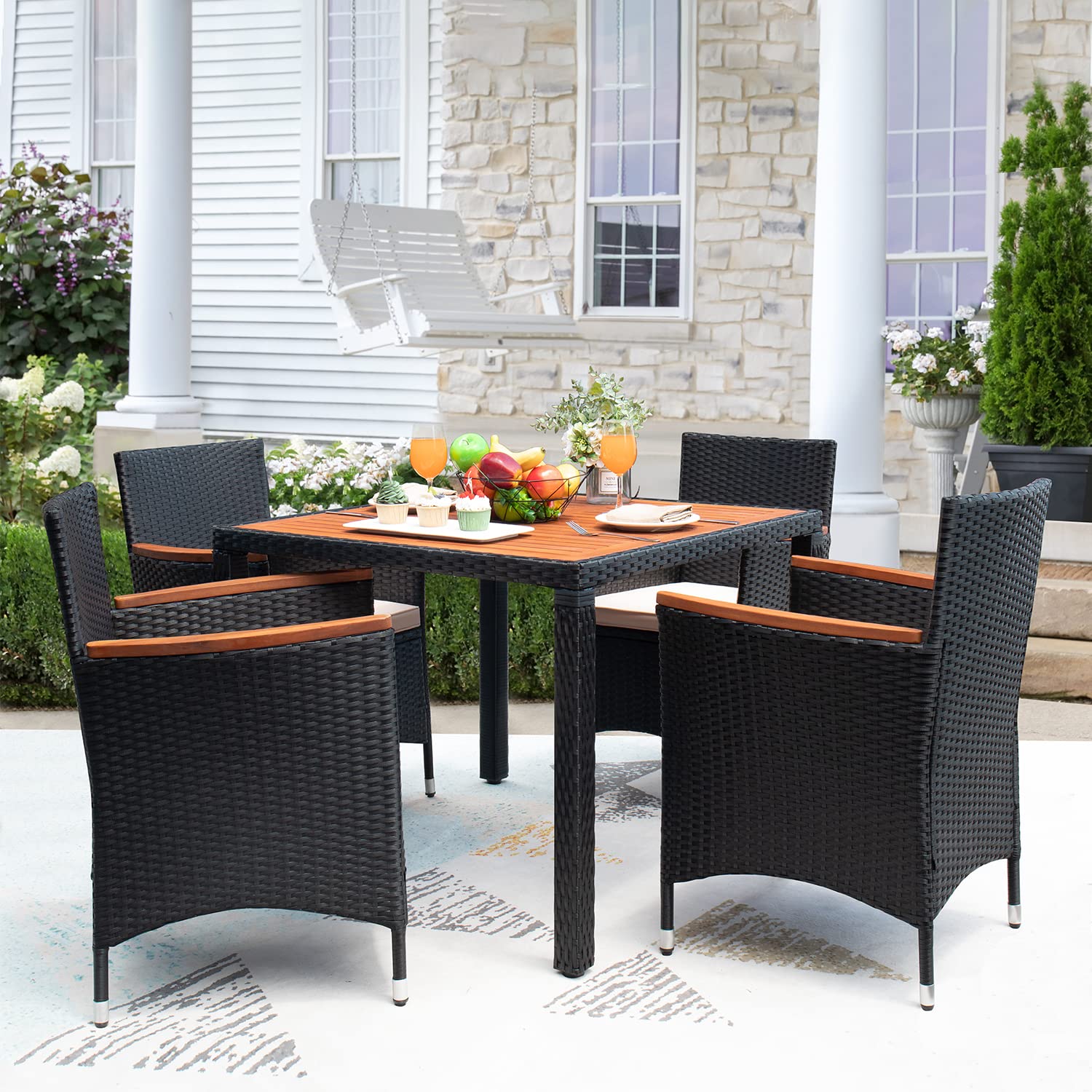 5 PCS Furniture, Patio Conversation Set with Acacia Wood Top