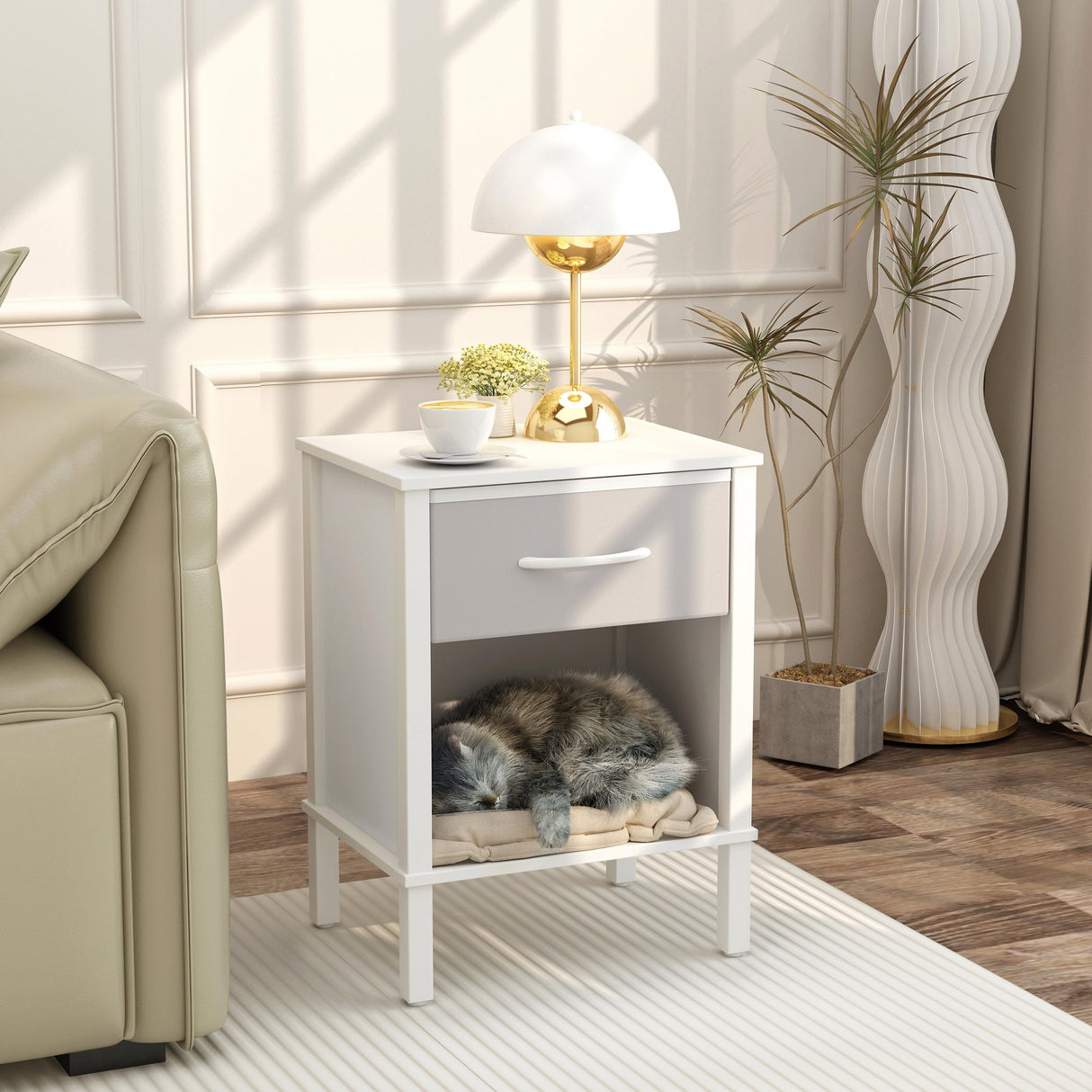 End Table Set of 2, White Nightstand with Fabric Drawer, Bed Side Table,Side Table