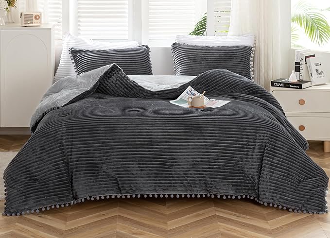 Olive Green Comforter Set Queen, 3pcs Reversible Boho Ball Pom Fringe Aesthetic Striped