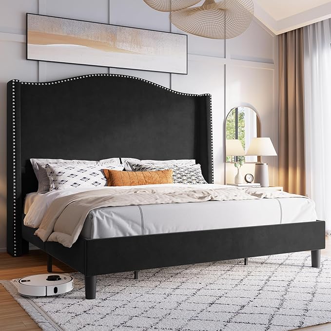 King Platform Bed Frame 53" Tall Headboard Velvet Upholstered Tufted Wingback